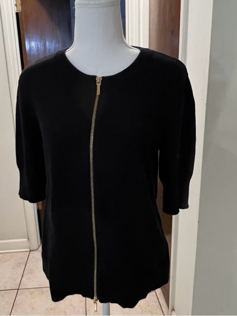 NWOT Lauren Ralph Lauren Black Gold Zip-Front Cotton Short Sleeve Cardigan SZ M - Picture 3 of 9